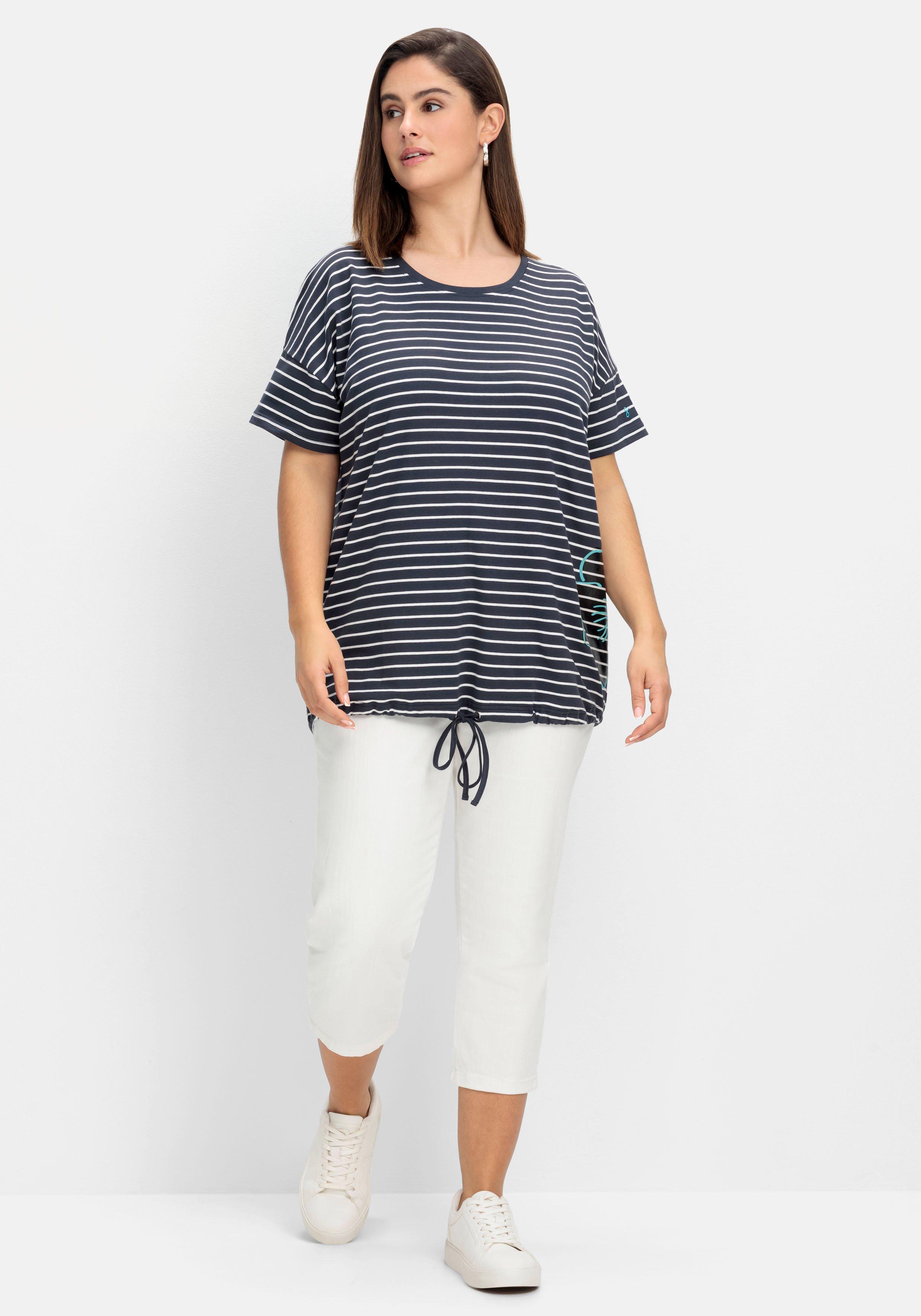 Ringelshirt mit Saum-Bindeband und Druck seitlich