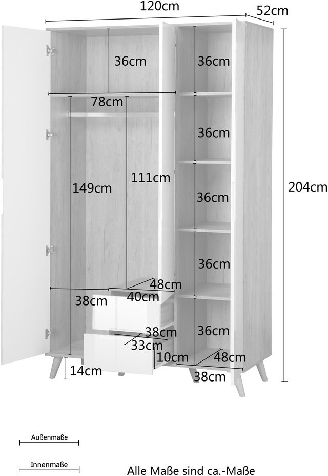 andas Kleiderschrank »Lund Schlafzimmerschrank Bestseller im skandinavischem Design« Garderobenschrank mit Premium Innenausstattung, Breite 120cm