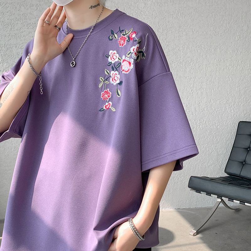 Freehop - T-shirt met korte mouwen, ronde hals en bloemenborduursel
