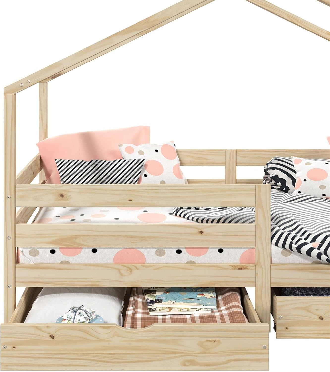 IDIMEX Hausbett ENA aus massiver Kiefer, schönes Montessoribett in 90 x 200 cm, Kinderbett mit Rausfallschutz, stabiles Spielbet mit Dach und 2 Schubladen in Natur