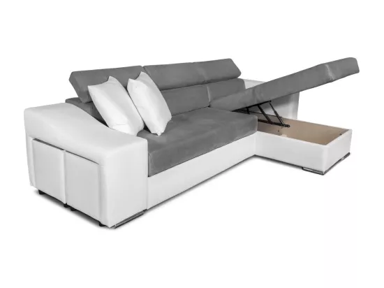 Canapé d'angle Elona convertible bi-matière Blanc et Gris avec poufs de rangement à gauche - L264 x P162 x H75cm - Loungitude