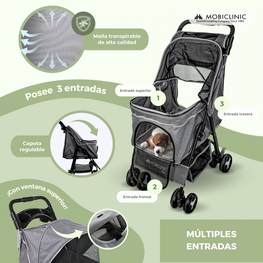 Carrinho dobrável para cães Mobiclinic com rodas giratórias 360°, freios, 3 pontos de acesso, capota, cesto de armazenamento e porta-copos, cinza.