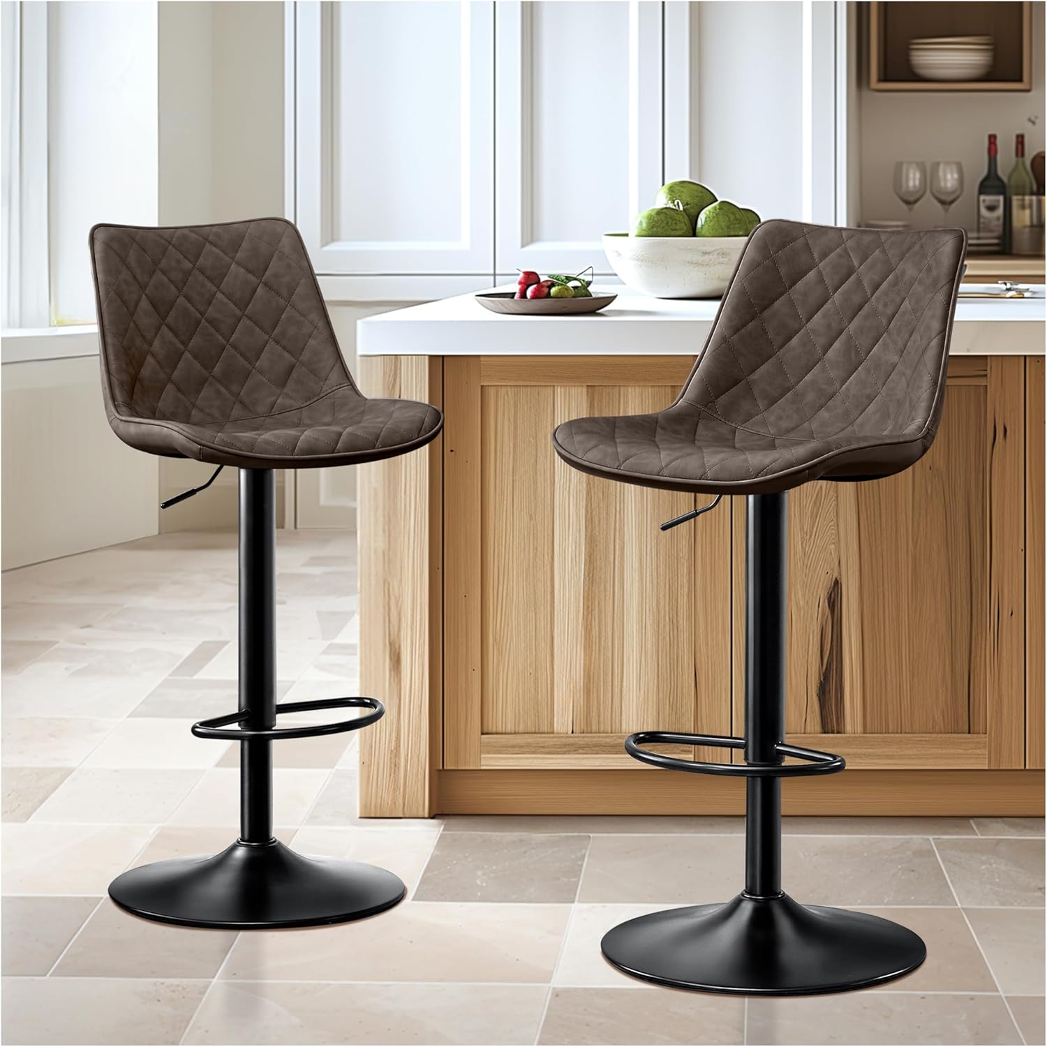 Barhocker 2er Set Barstuhl Höhenverstellbar mit Mikrofaser-Leder, Barhocker mit Lehne, Tresenhocker Drehbar, Bistrohocker Designer, Barstühle für Küche, Theke, Bar-Braun