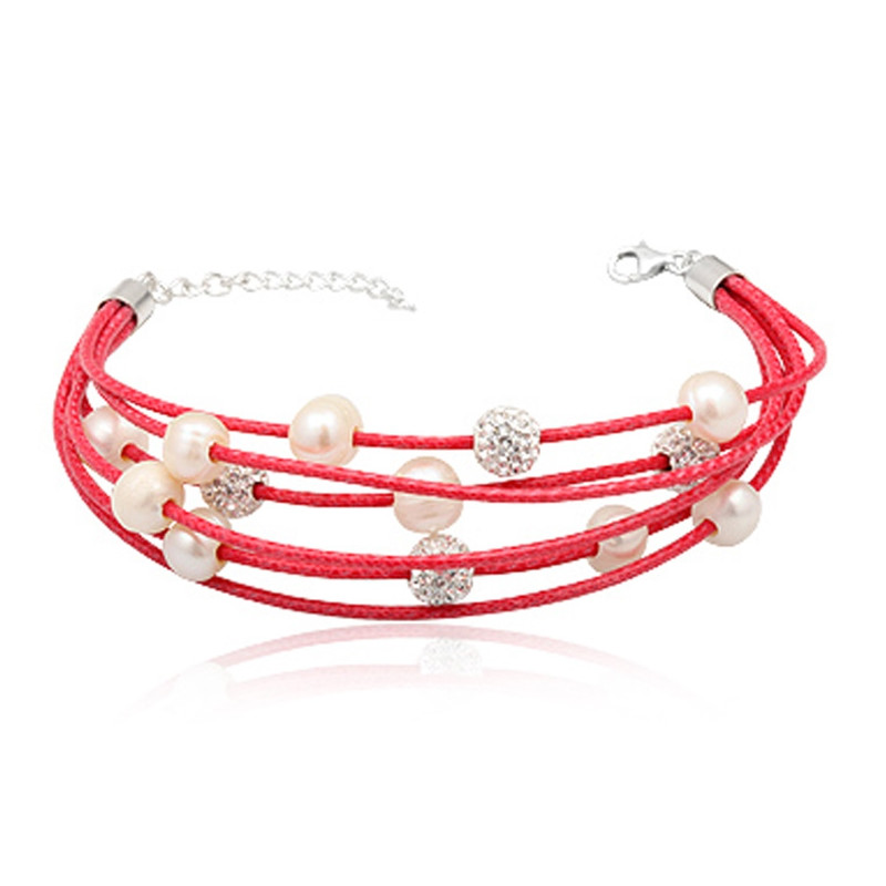 Bracelet 5 rangs Cuir Rose, Perles blanches et Perles de Cristal Blanc, Argent 925