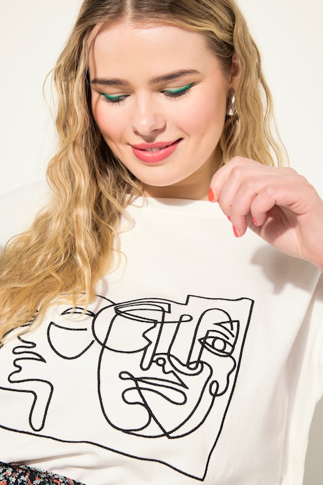 T-Shirt, Rundhals, gesticktes Frauen-Motiv