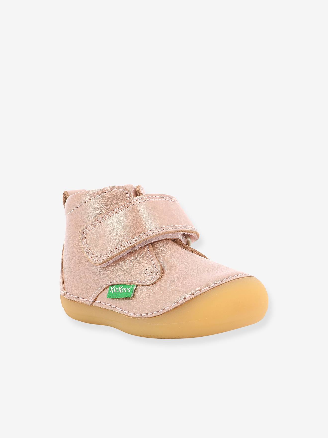 Botas de couro Sabio KICKERS® para bebês, primeiros passos, estampa rosa.