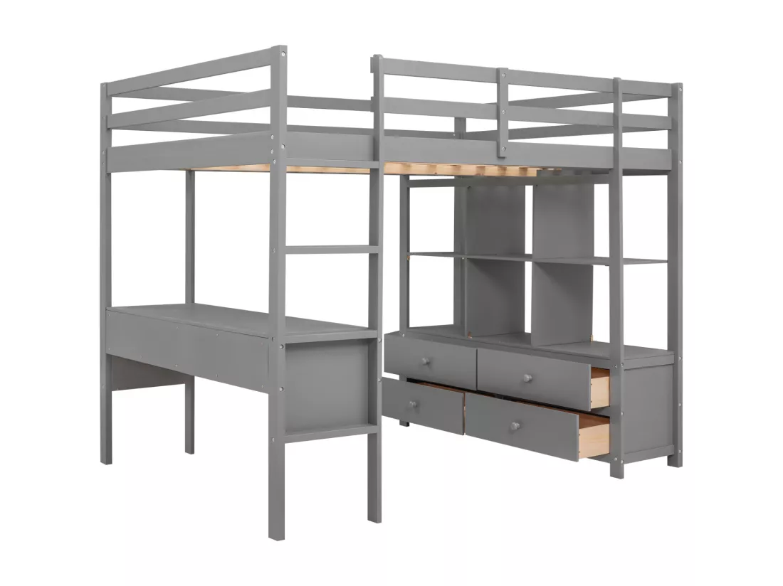 Lit mezzanine 140x200cm pour enfant - lit surélevé avec tiroirs de rangement, bureau et bibliothèque de rangement sous le lit - gris