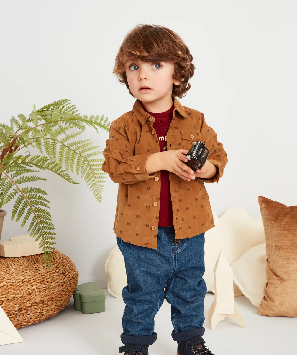 CHEMISE BÉBÉ GARÇON EN VELOURS CÔTELÉ MARRON AUX MOTIFS OURS