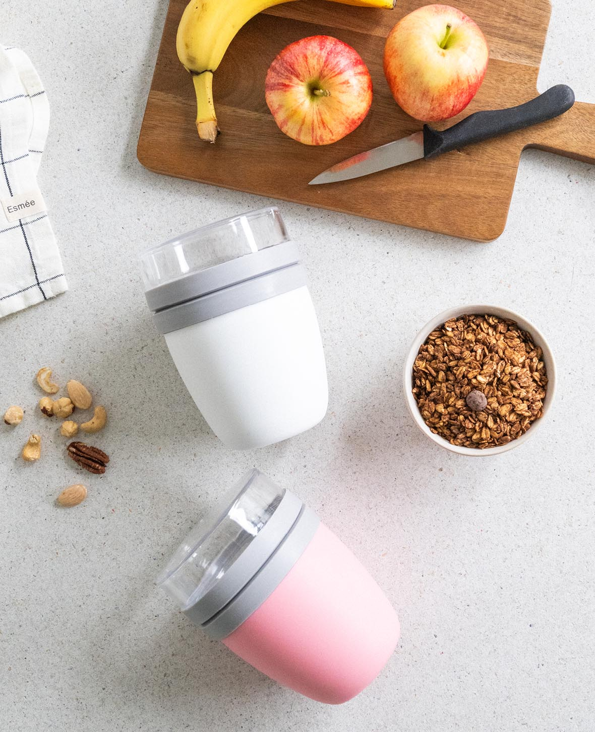 (2er Set) 700ml Lunch Pot mit 2 Essens Behälter / Müsli / Joghurt / Suppe - Weiss / Rosa