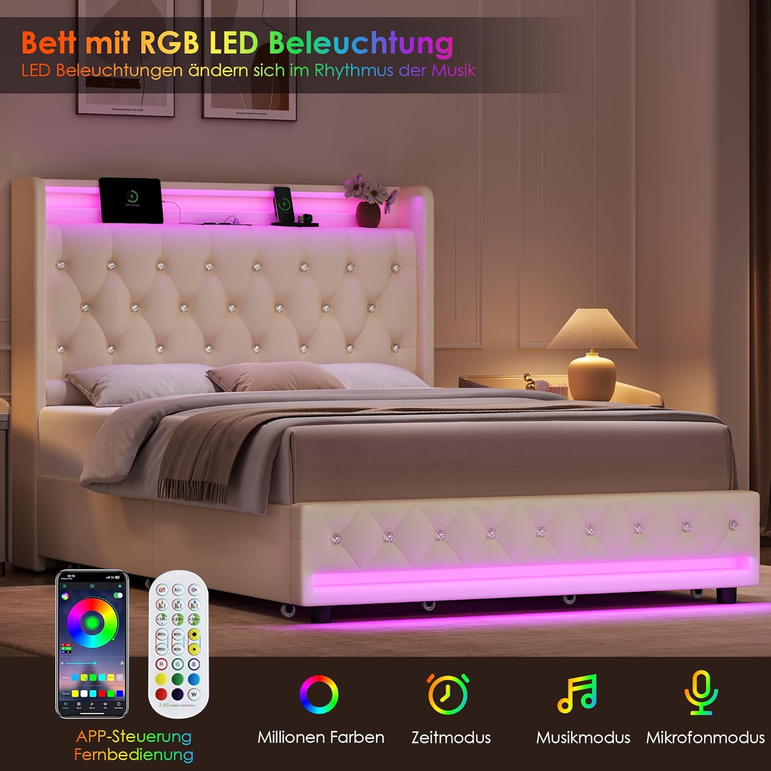FOREHILL Polsterbett 140x200 Bettgestell mit Stauraum, LED Beleuchtung, Ladestation, Bett Jugendbett mit 4 Schubladen, Kopfteil, Lattenrost, Samt weiß