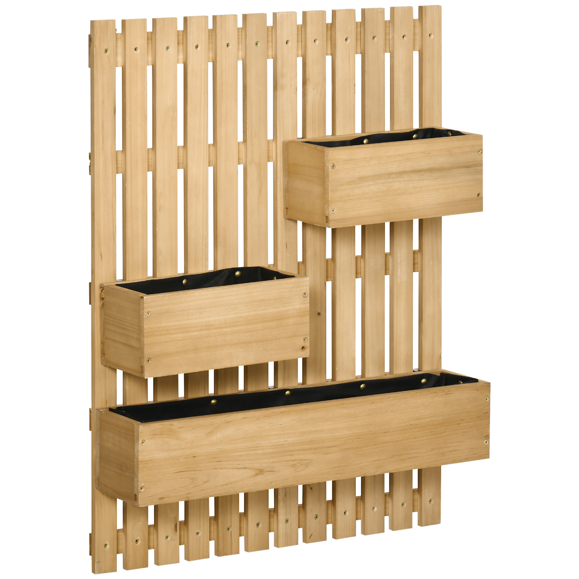 Jardineira de parede Outsunny com treliça, jardineira vertical de madeira com 3 vasos móveis e orifício de drenagem para jardim, terraço e pátio, 60x16x80 cm, natural.
