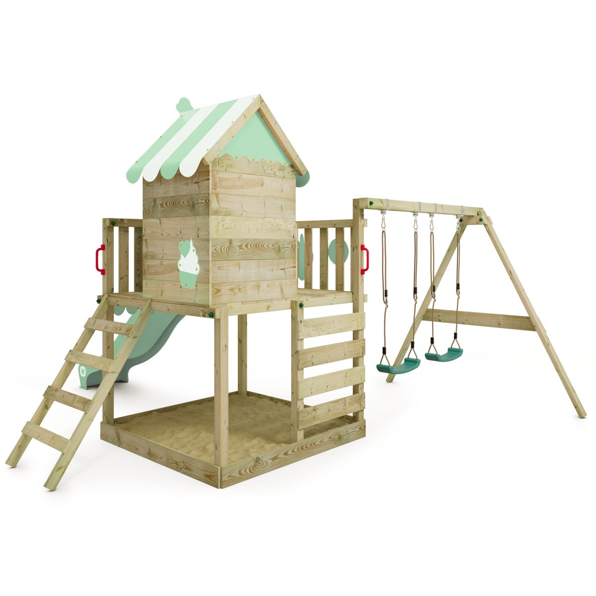 WICKEY Smart Candy speeltoren klimtoestel met schommel en glijbaan, boomhut met zandbak, klimladder en speelaccessoires – pastelgroen
