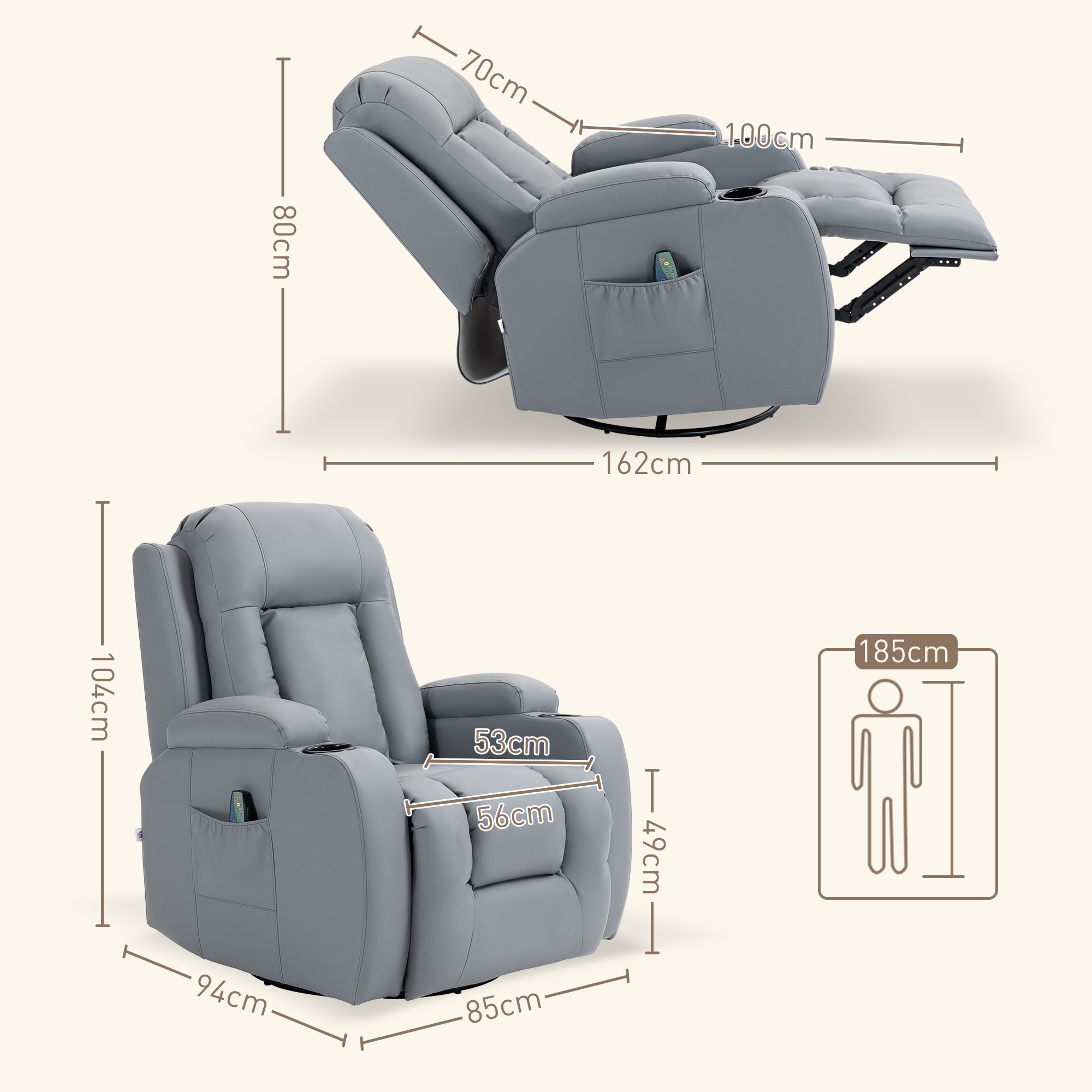 HOMCOM Massagesessel mit Wippfunktion und Wärmefunktion braun 85L x 94B x 104H cm
