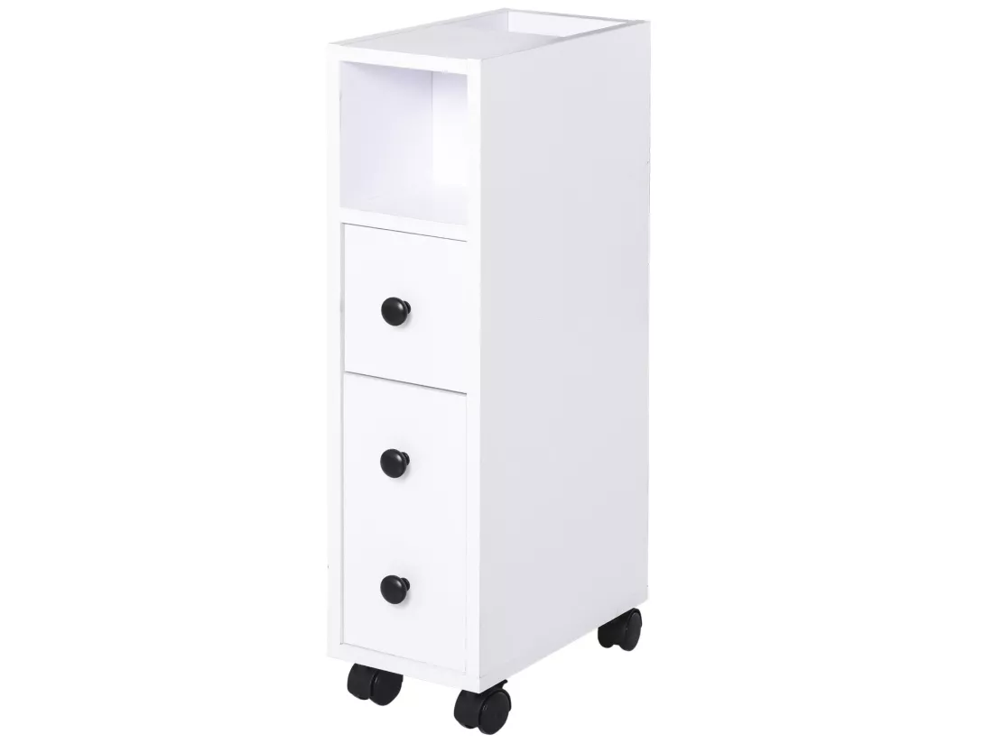 Meuble bas colonne rangement salle de bain à roulettes blanc dim. 18L x 30l x 68,5H cm