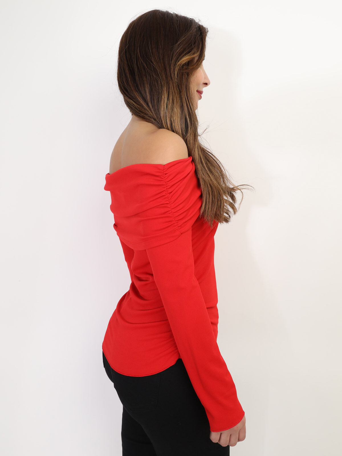 Top col bardot et fronces- Rouge