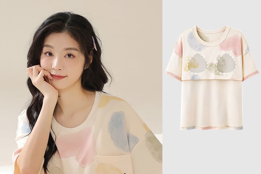 Jeony - Loungewearset: T-shirt met korte mouwen en hartjesprint en capribroek