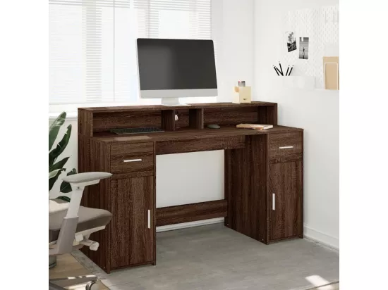 Bureau et lumières LED chêne marron bois d'ingénierie