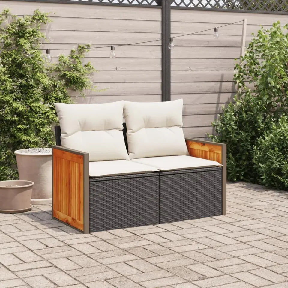 vidaXL - Tuinbank 2-zits - Zwart - Poly rattan - Met kussens
