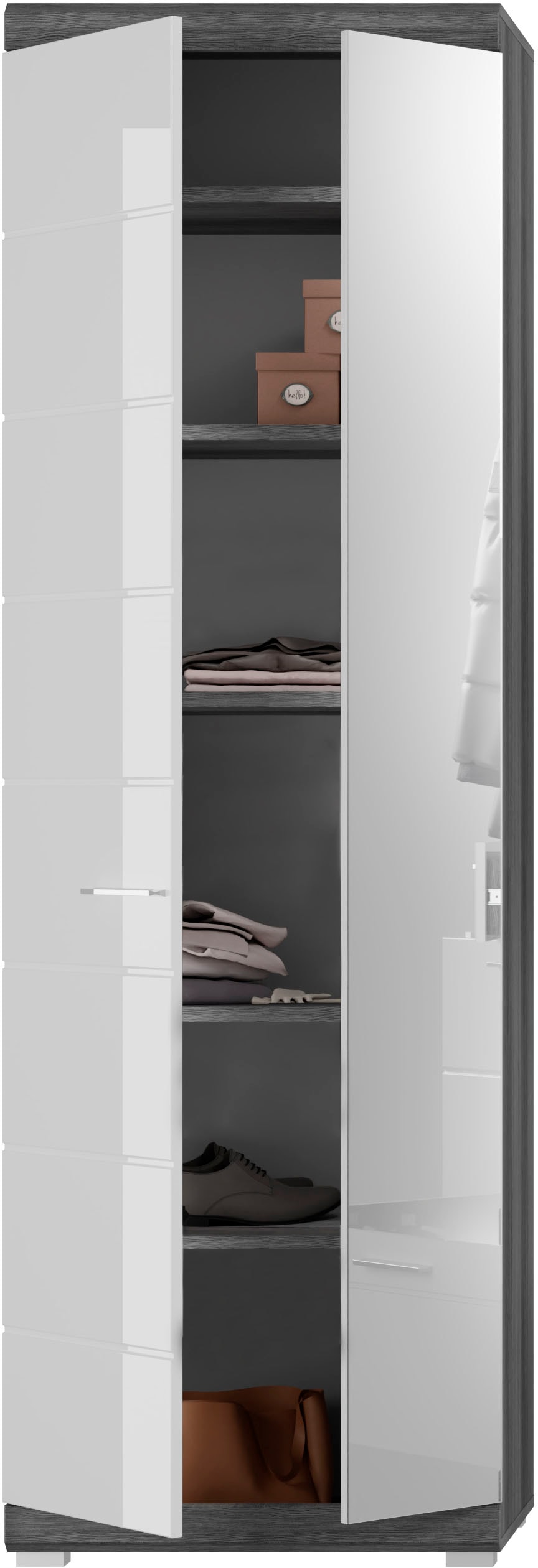 INOSIGN Garderobenschrank »SIENA, Höhe 197cm, 2 Türen,  4 Einlegeböden, ausziehbare Kleiderstange« hochwertige Rillenfräsung in MDF Front, 1 Stk. tlg. Stauraumschrank, Flurschrank, Dielenschrank