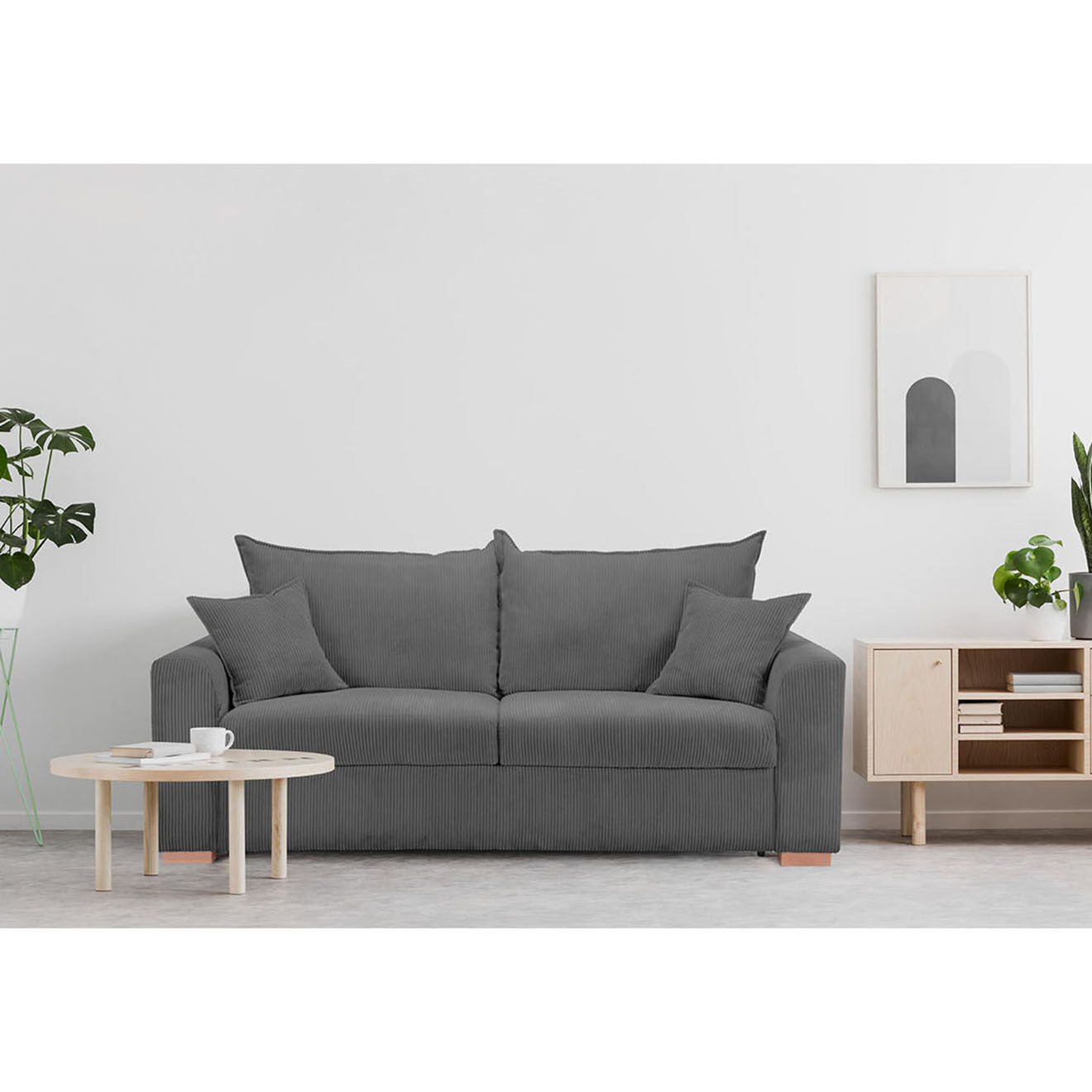 Bobochic Canapé droit augustin ouverture express velours côtelé gris foncé  - 205x97x96 cm