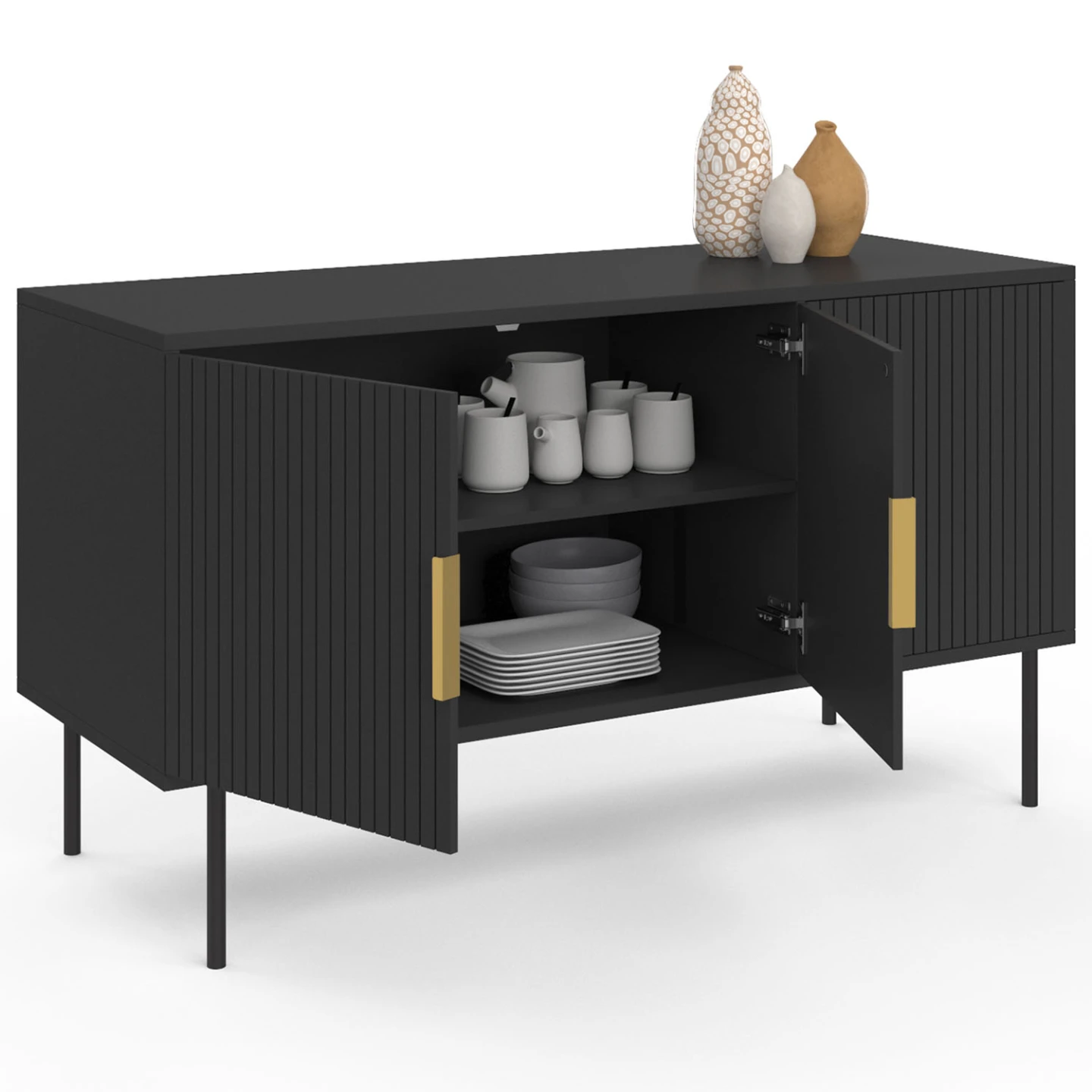 Buffet 110 cm MARCEL 3 portes lattes tasseau bois noir