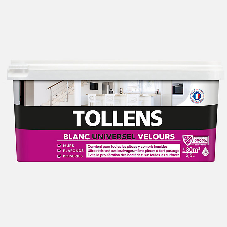 Peinture murs plafonds et boiseries Tollens blanc universel velours 2,5L