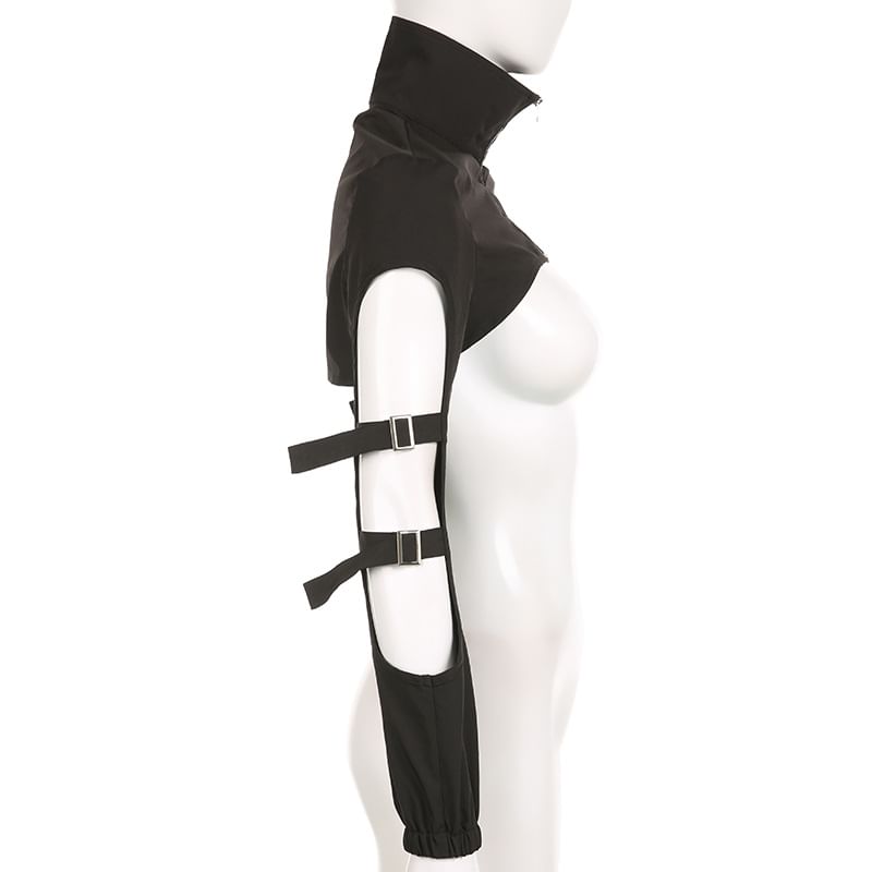 PolkaBella - Crop top met lange mouwen, gespen, hoge hals en halve rits