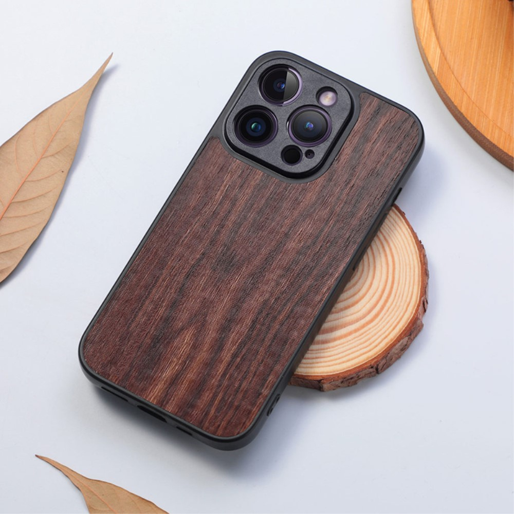 iPhone 15 Pro Max Hybrid Hardcase Hülle mit Leder Rückseite im Holz Design - Braun