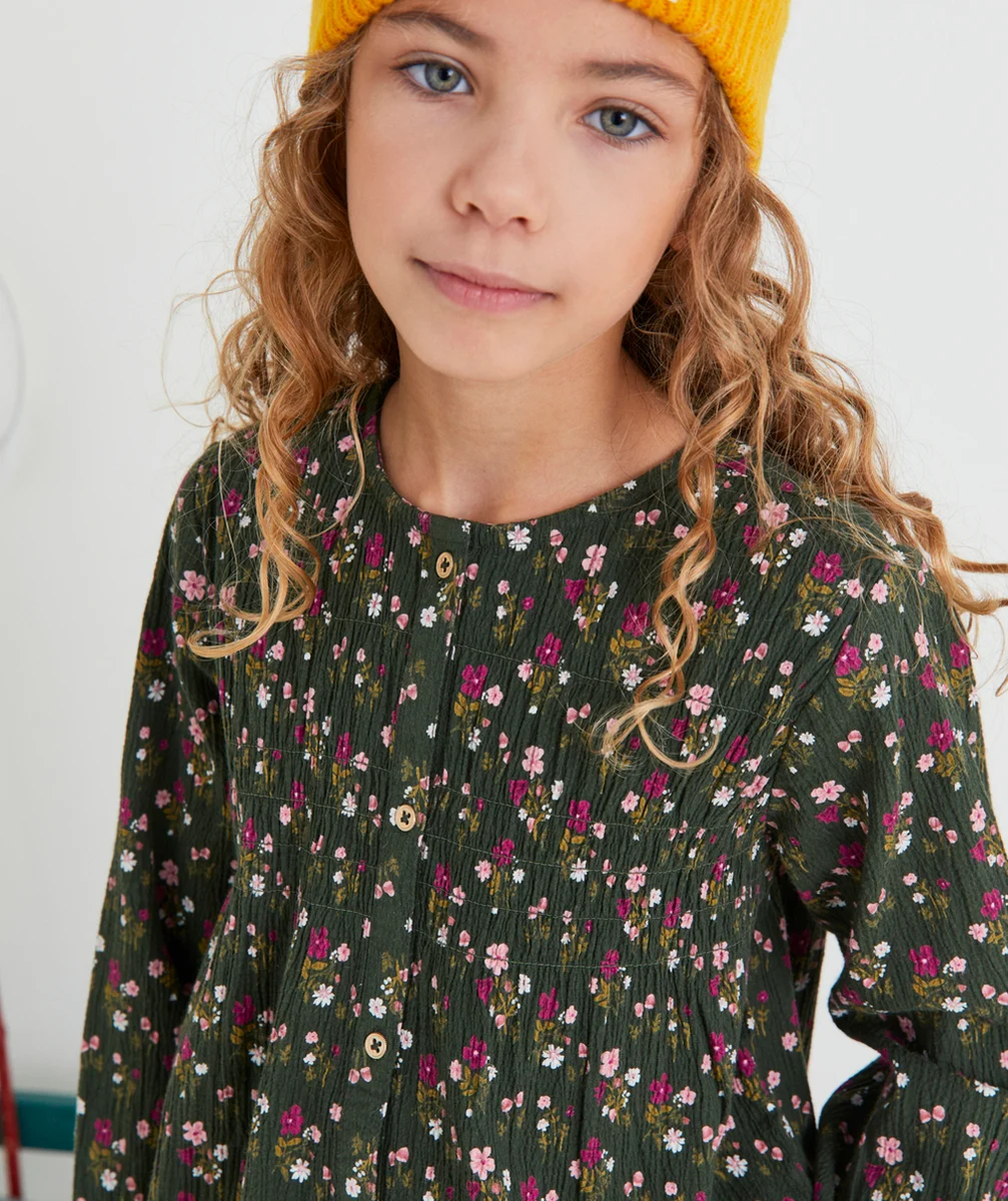 BLOUSE FILLE VERTE ET IMPRIMÉE FLEURIE AVEC FRONCES ET BOUTONS