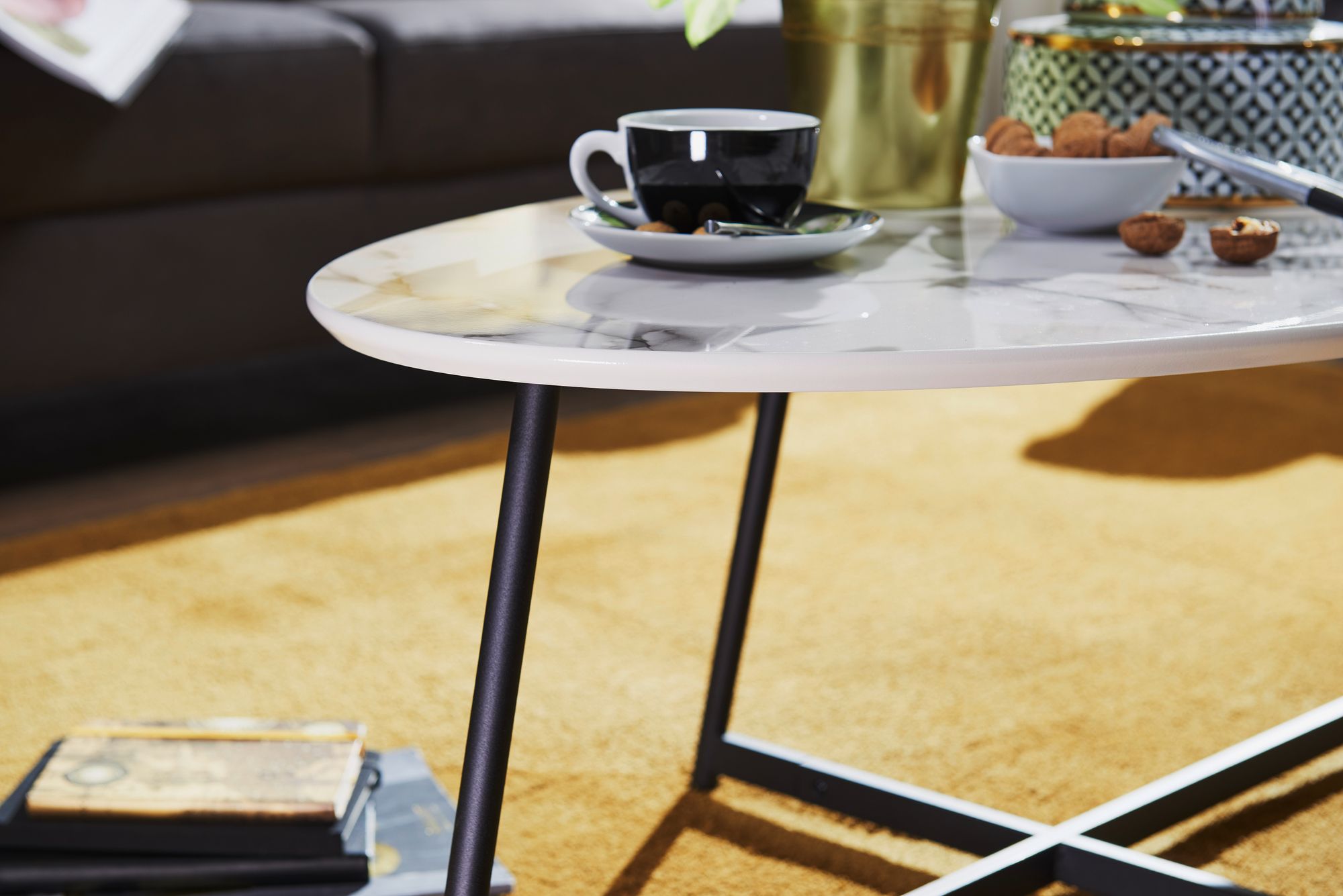 FineBuy Couchtisch Oval Wohnzimmertisch Marmor Optik Weiß Beistelltisch Metall