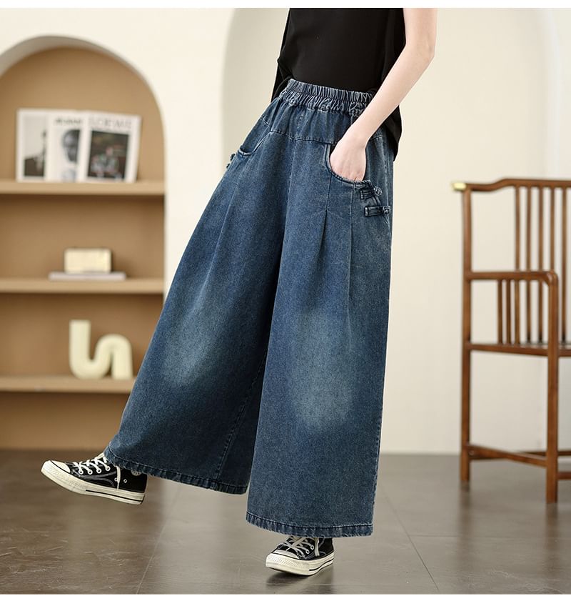 Lewwe - Elastische taille kikkerknoop gewassen denim culottes