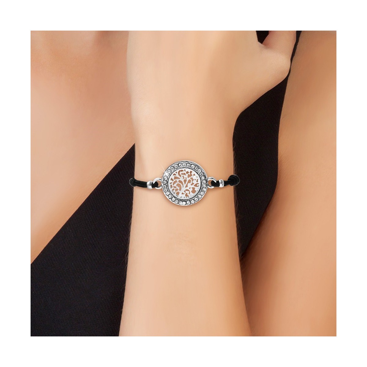 Bracelet arbre de vie élastique noir SC Crystal orné de Cristaux scintillants