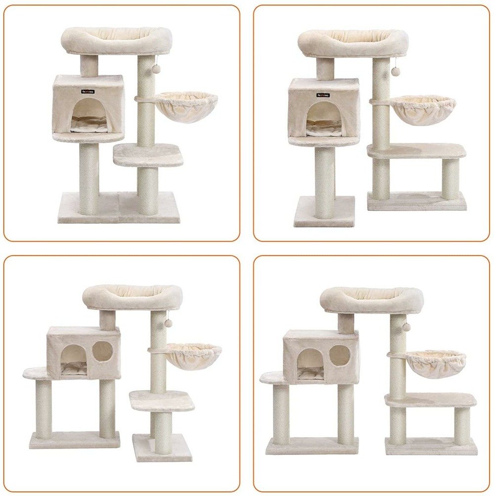Arbre à chat avec plate forme d'observation hamac grande grotte troncs épais en sisal stable 112 cm beige