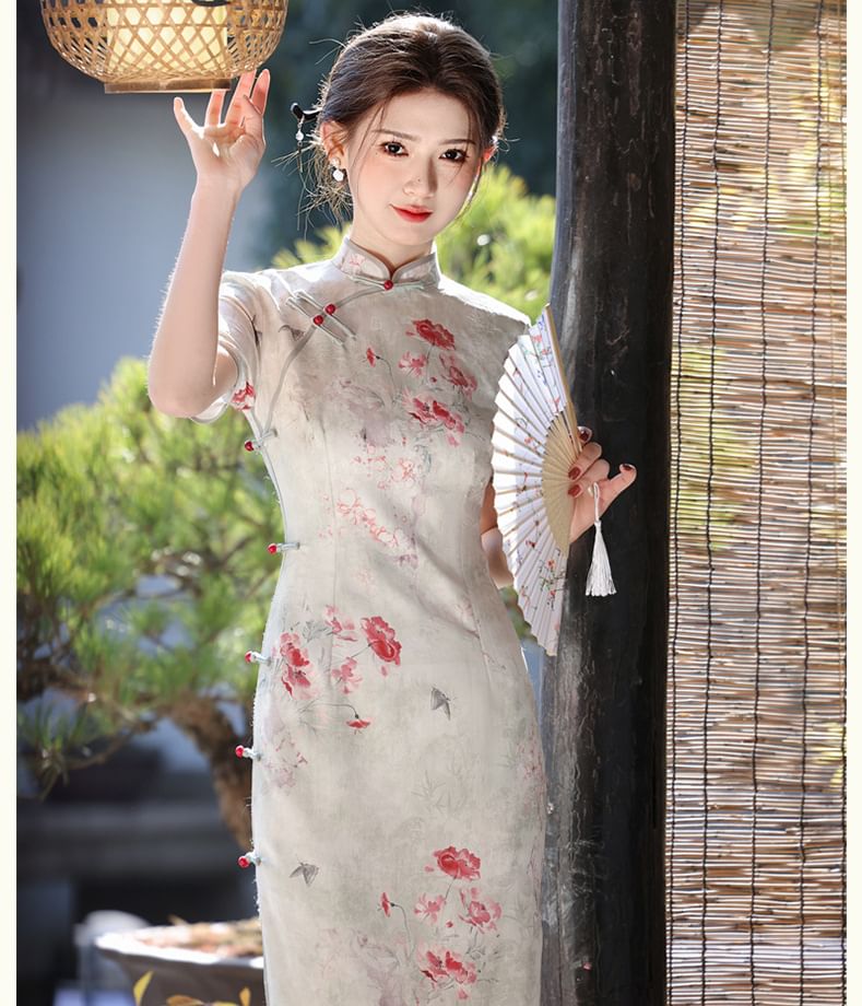 Catamin - Traditionele Chinese korte mouwen, staande kraag, bloemenprint, satijnen midi-mantel, qipao