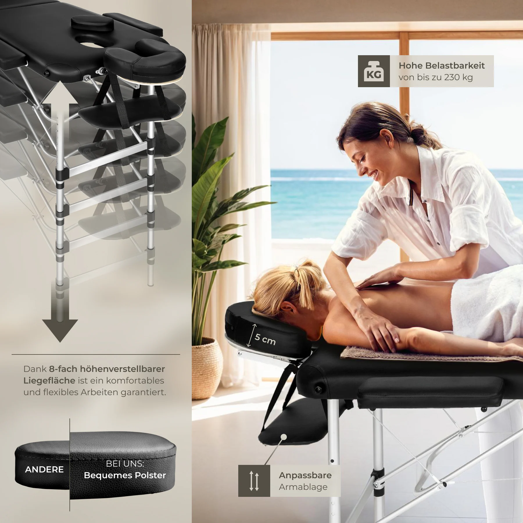 tectake® 3 Zonen Massageliege, mit Aluminiumgestell, verstellbare Ablagen für Kopf und Arme, 210 x 95 x 68 - 90 cm
