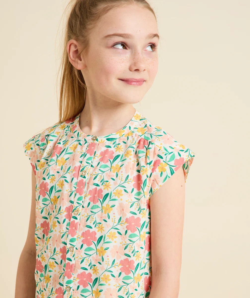 BLOUSE MANCHES COURTES FILLE EN COTON IMPRIMÉ AVEC FLEURS COLORÉES