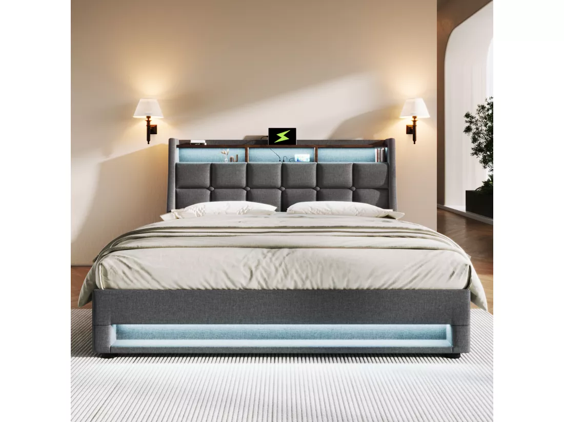 Lit coffre en lin 160x200cm avec LED et ports USB - sommier à lattes - gris