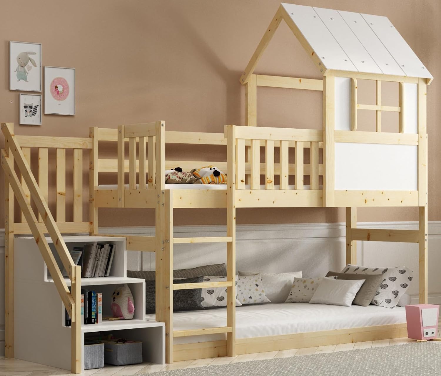 Interbeds Hochbett 200x90 cm mit Rutsche und Treppen Etagenbett Stockbett Holzbett Kinderbett mit Lattenrost Spielbett (Mit Treppen)