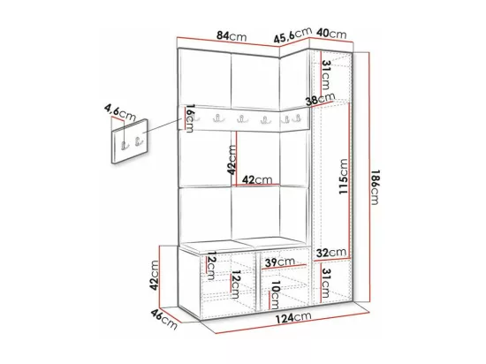 Meuble d'entrée Hartford 471, 186x124x44cm, Chêne Artisan, Faux cuir|Stratifié