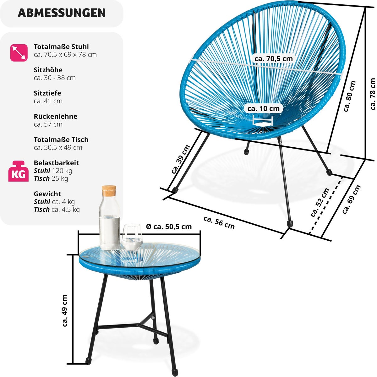 Santana tuinstoelen met tafel, tectake retrodesign in Acapulco-stijl, stoeldraagvermogen 120 kg