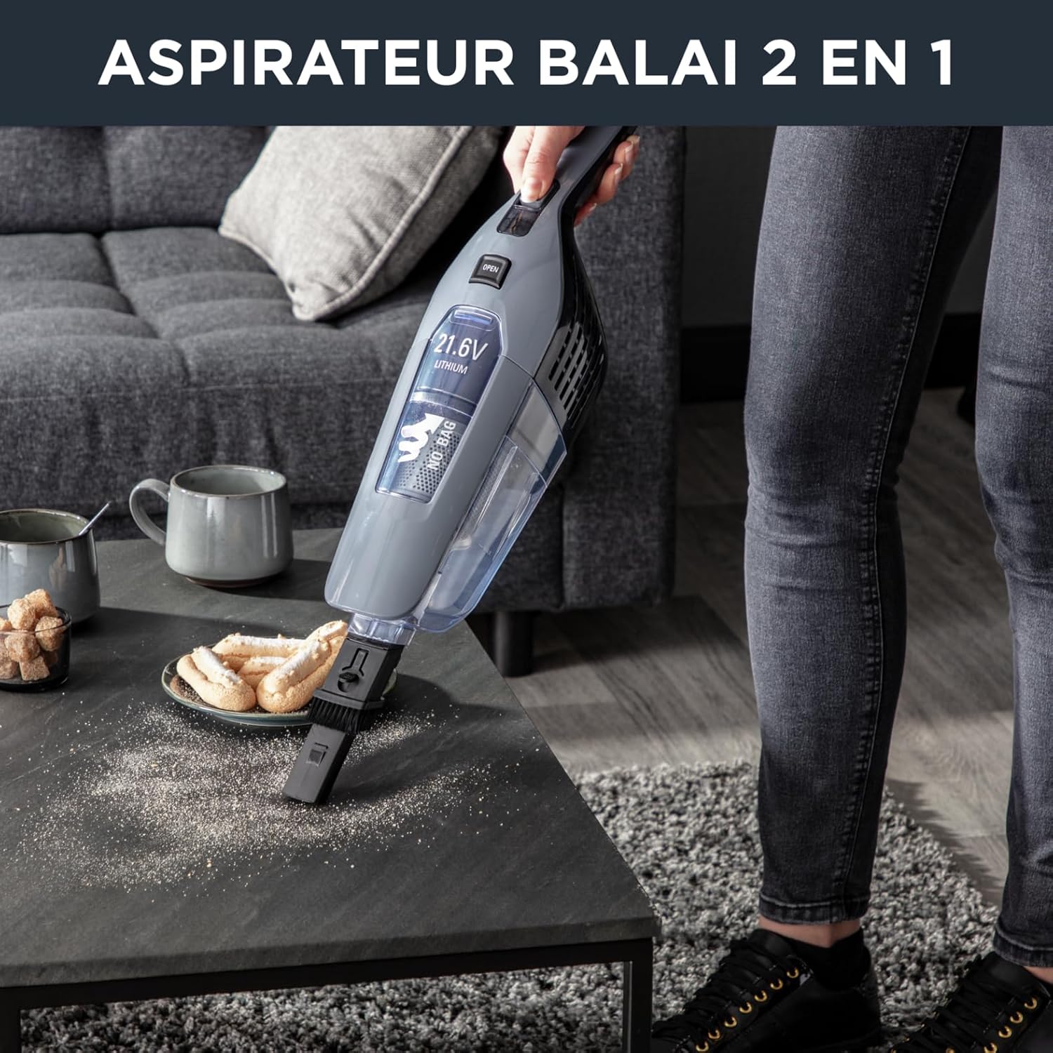 Rowenta RH6756 Dual Force 2-in-1-kabelloser Akku-Stabstaubsauger | mit integriertem Handstaubsauger | Saugkopf mit LED Beleuchtung | sehr leicht | 45 Minuten Akku-Laufzeit | Grau
