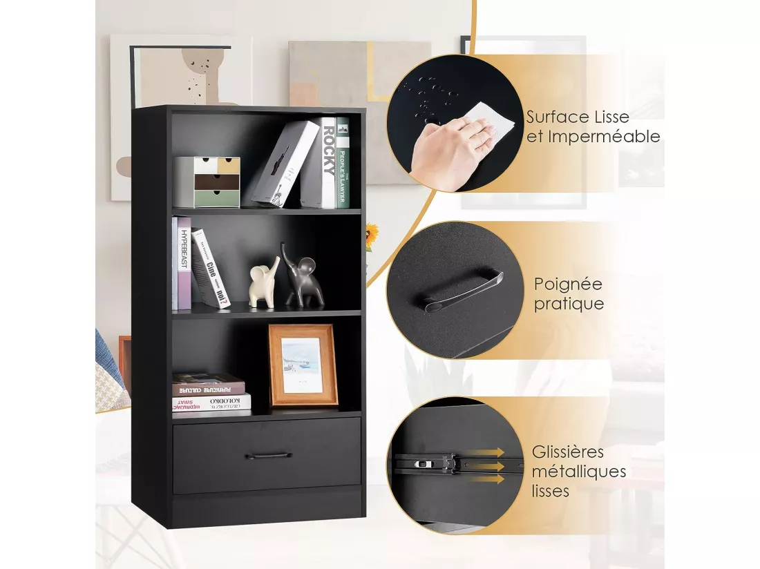 Bibliothèque étagère en bois à 4 niveaux avec grand tiroir, meuble de rangement sur pied dispositif anti