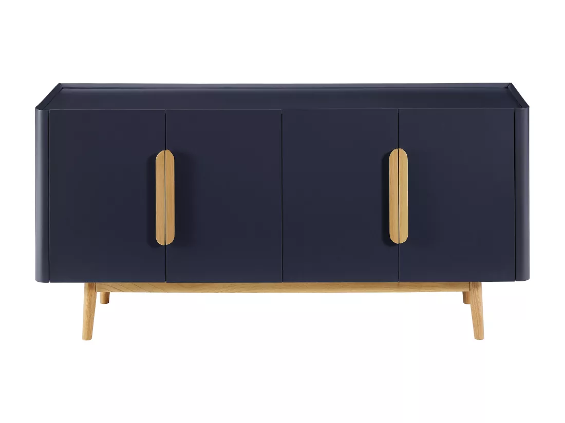 Buffet avec 4 portes en MDF et bois d'hévéa - Bleu et Naturel clair - DUNELON