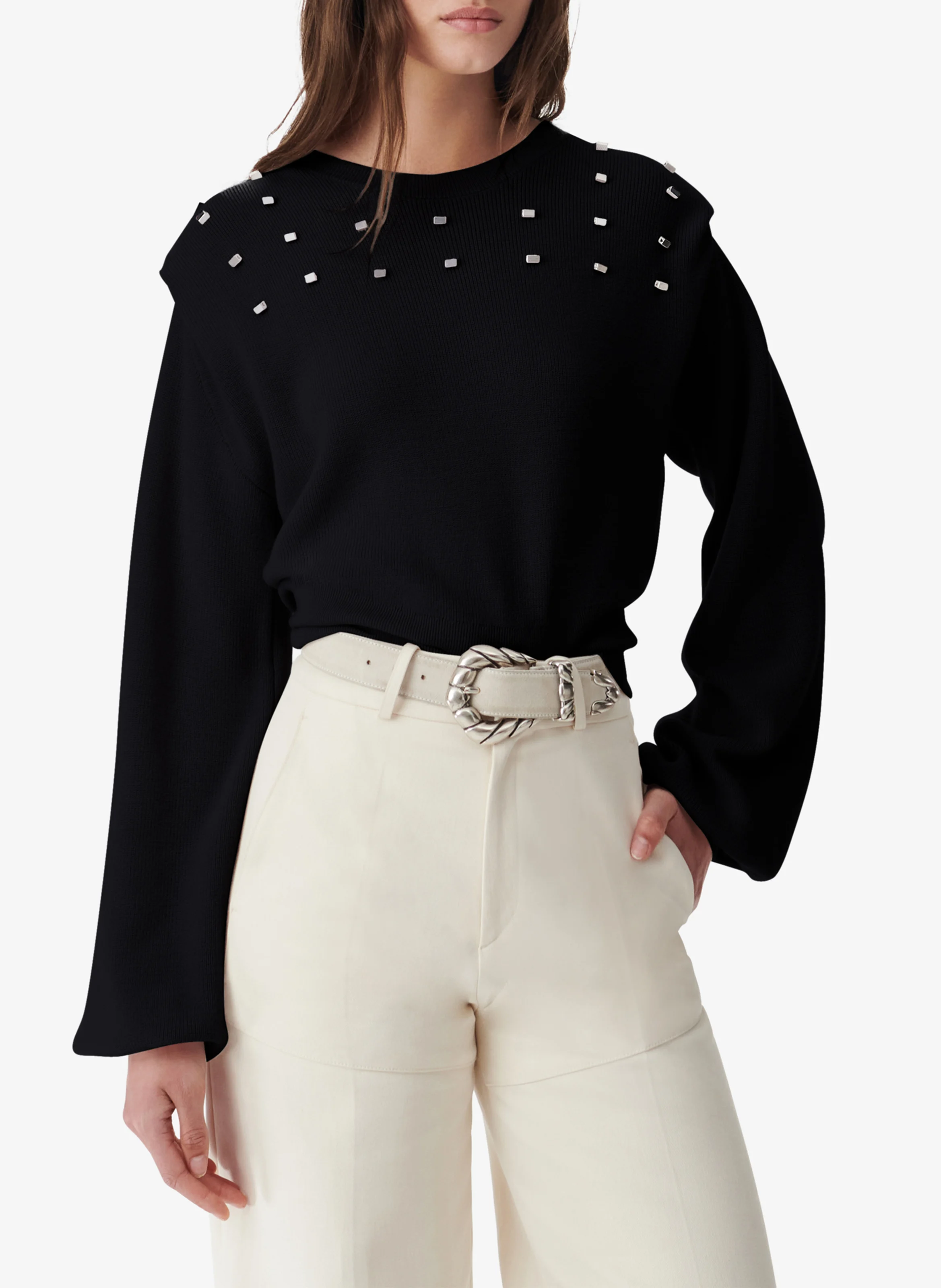FAYRUZ - Pull ample col rond à studs en laine mérinos | Noir