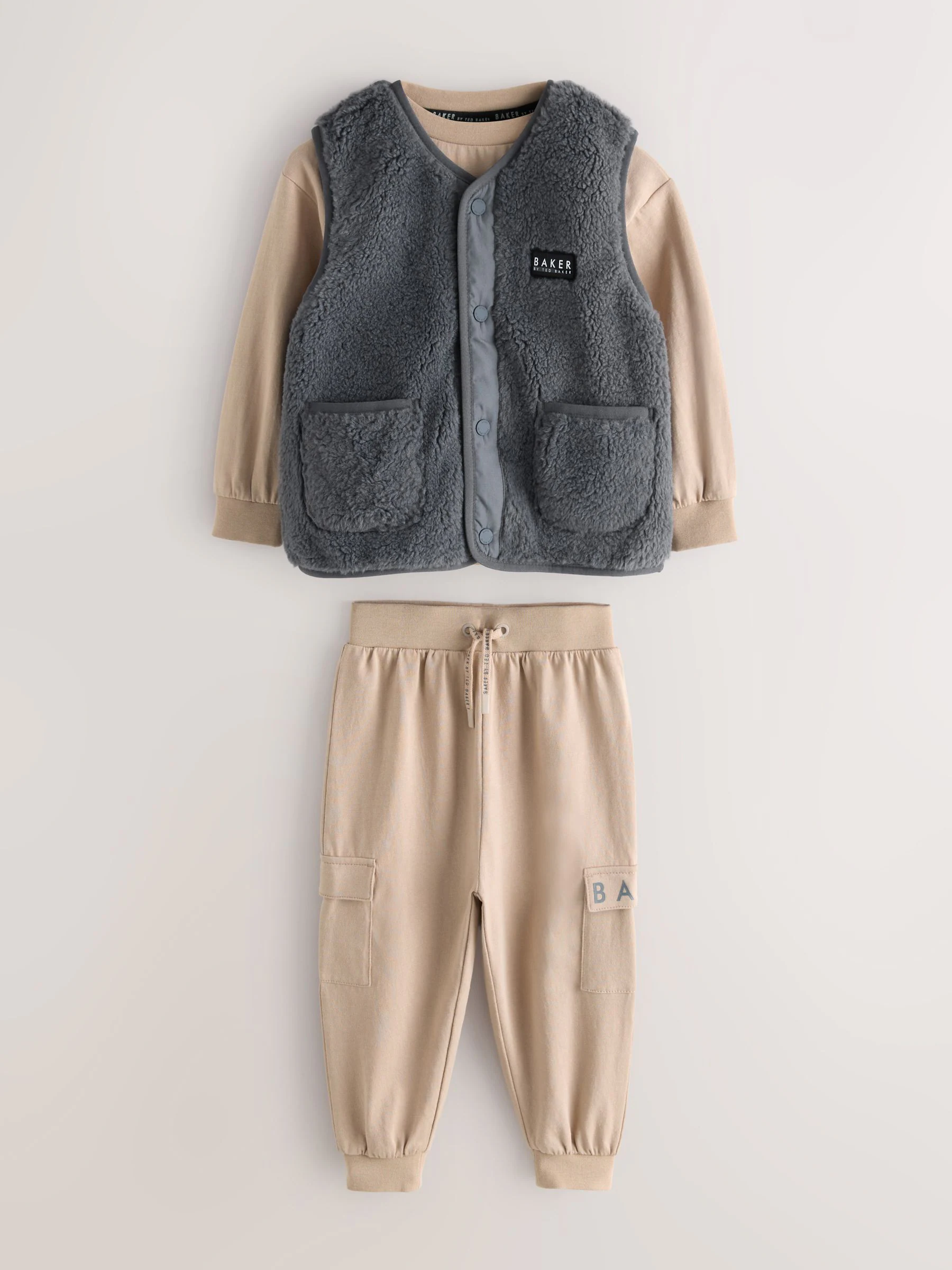 Baker by Ted Baker 3 Piece Stone Borg Gilet, Sweatshirt and Joggers Set