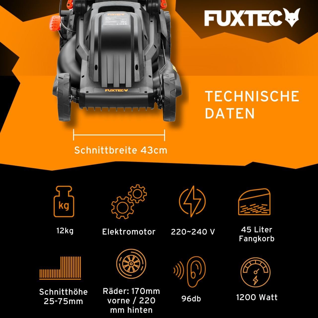 FUXTEC Elektro Rasenmäher FX-RME43, Elektromäher mit 43 cm Schnittbreite, 45 L Grasfangkorb, Variable Schnitthöhe 25-75mm, geräuscharm