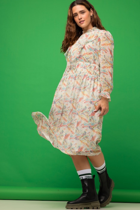 Midikleid, A-Line, Print, Rüschen-Stehkragen, Langarm