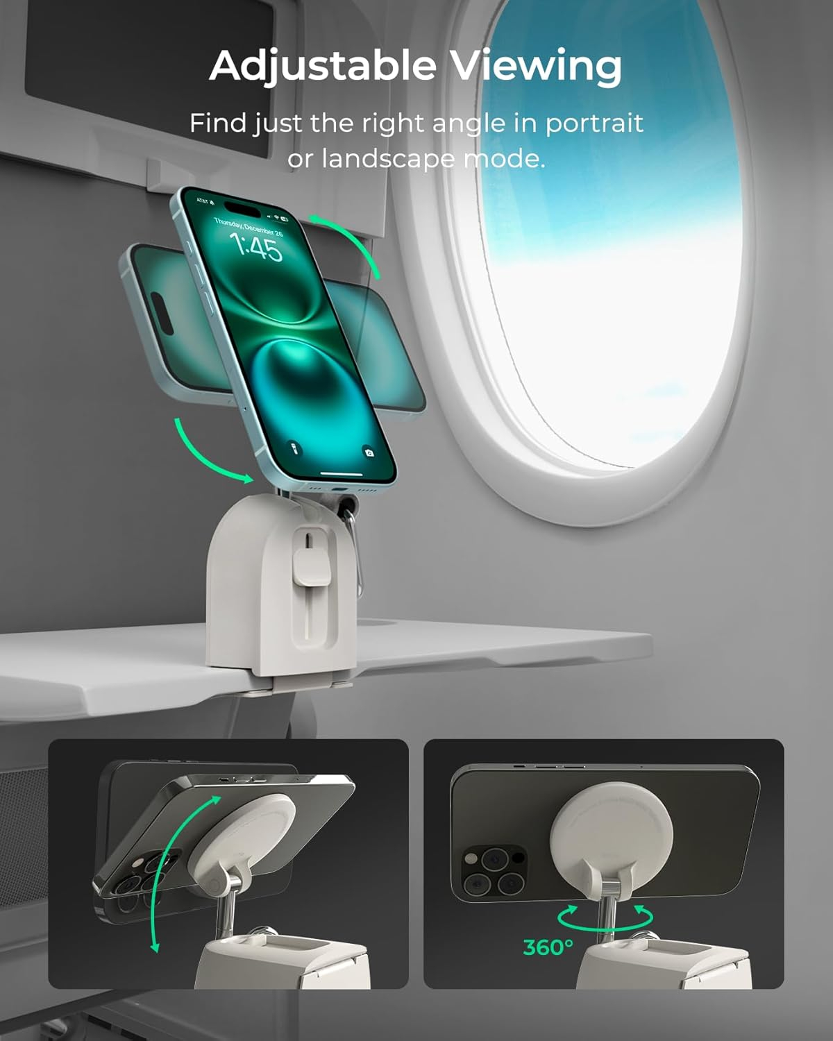 Treker Magnetic Airplane Mount MagSafe Reise Smartphone Halterung für Flugzeugtische inkl. MagSafe Haltering / Karabiner (TRKNCG112 ) - Weiss