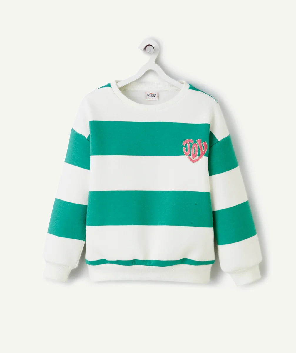 SWEAT FILLE EN FIBRES RECYCLÉES AVEC MAXI RAYURES ET BRODERIES VERT ET BLANC