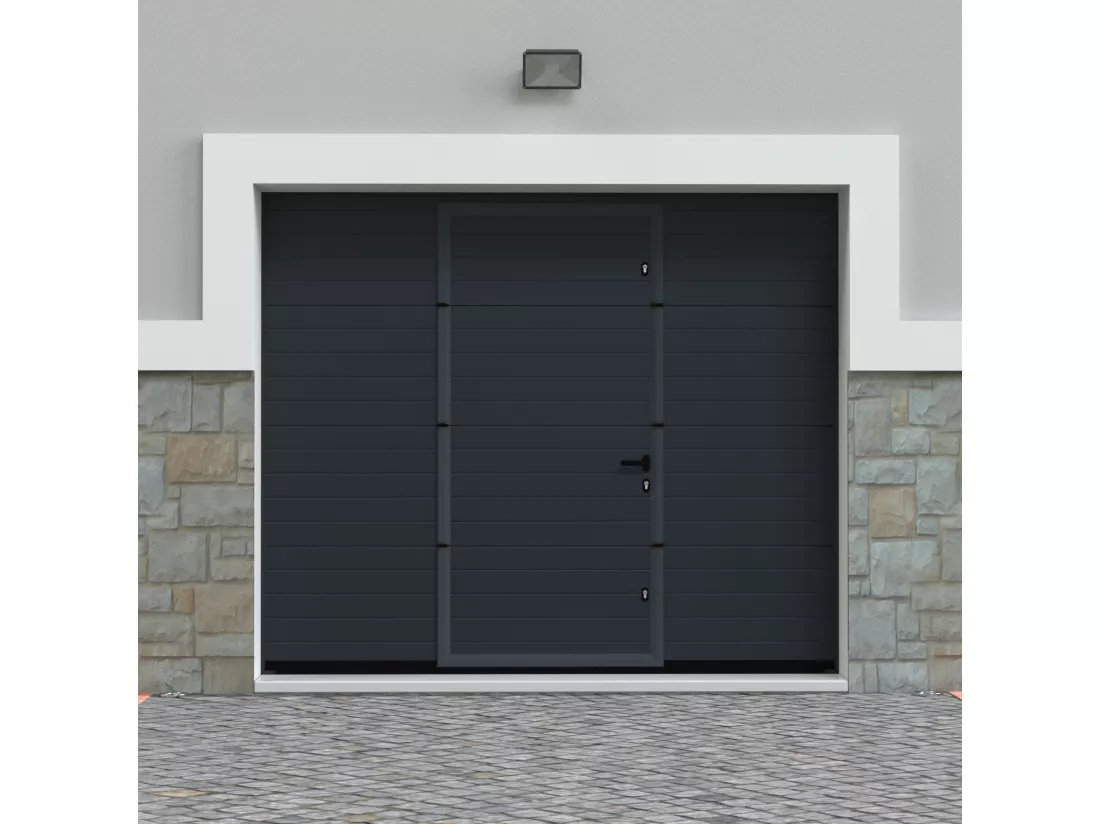 Porte de garage sectionnelle effet rainuré portillon central anthracite motorisée L254 x H213 cm - NORIA